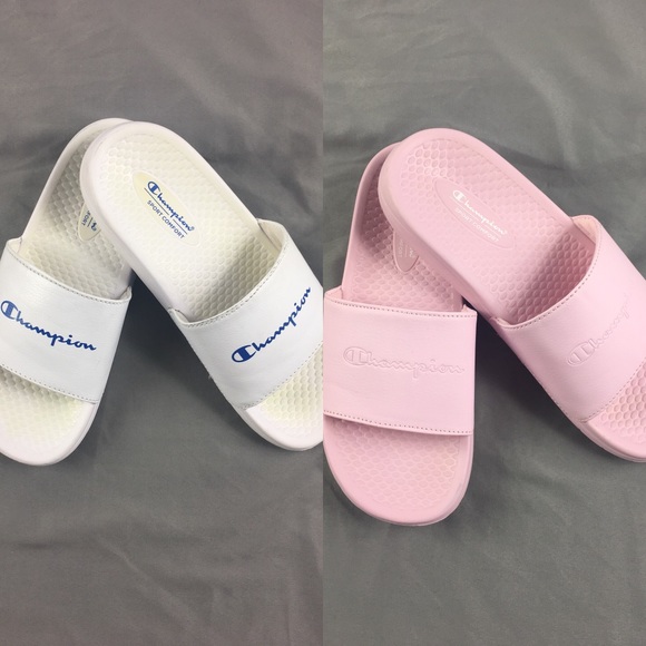 pink and white champion slides